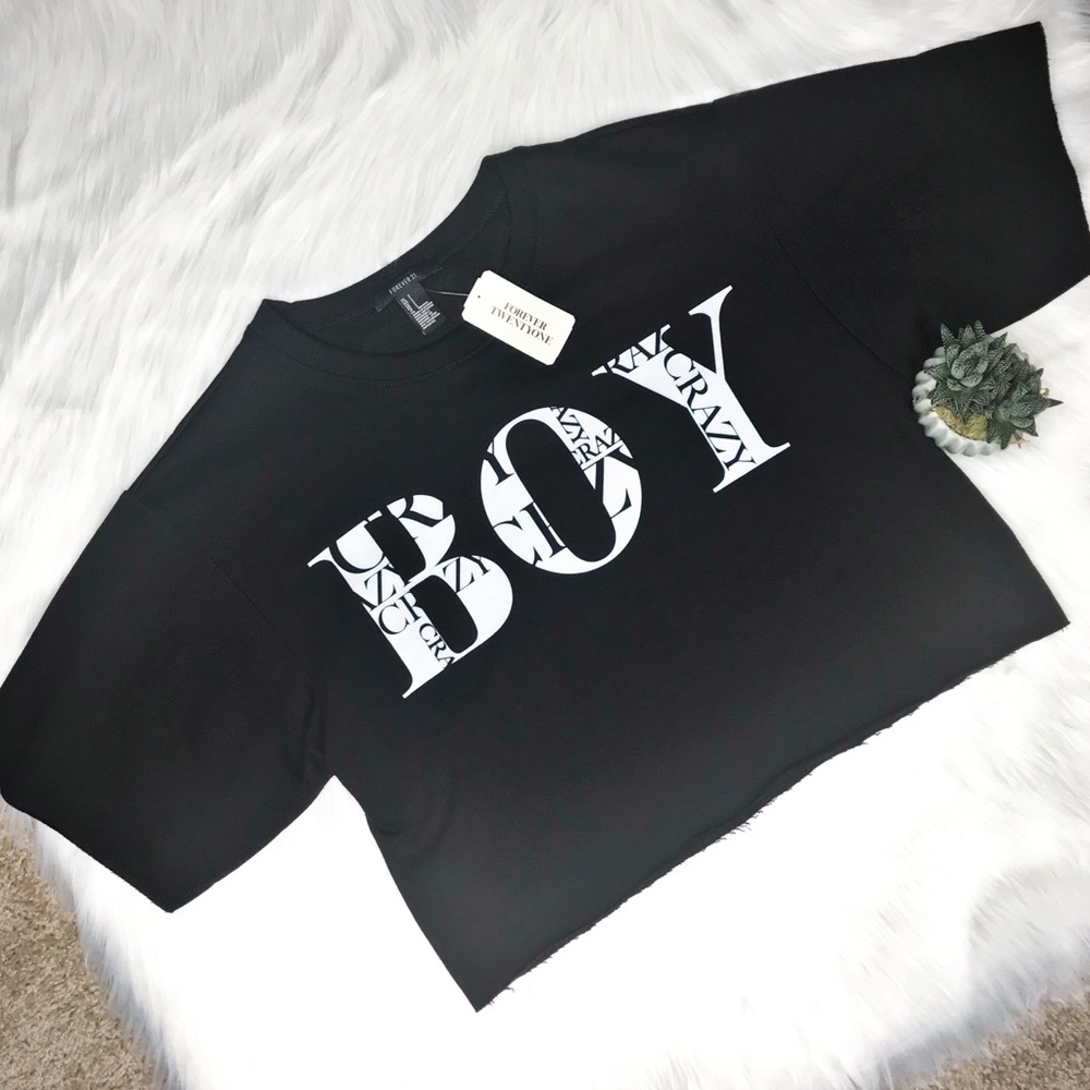 Forever 21 Oversized "Boy Crazy" Crop Top, Sz S